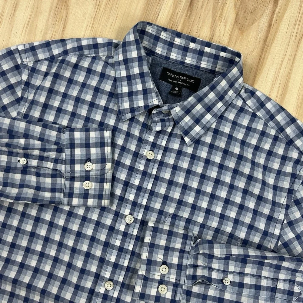 Banana Republic Mens Shirt Soft Wash Standard Fit Button Up Plaid Cotton Medium
